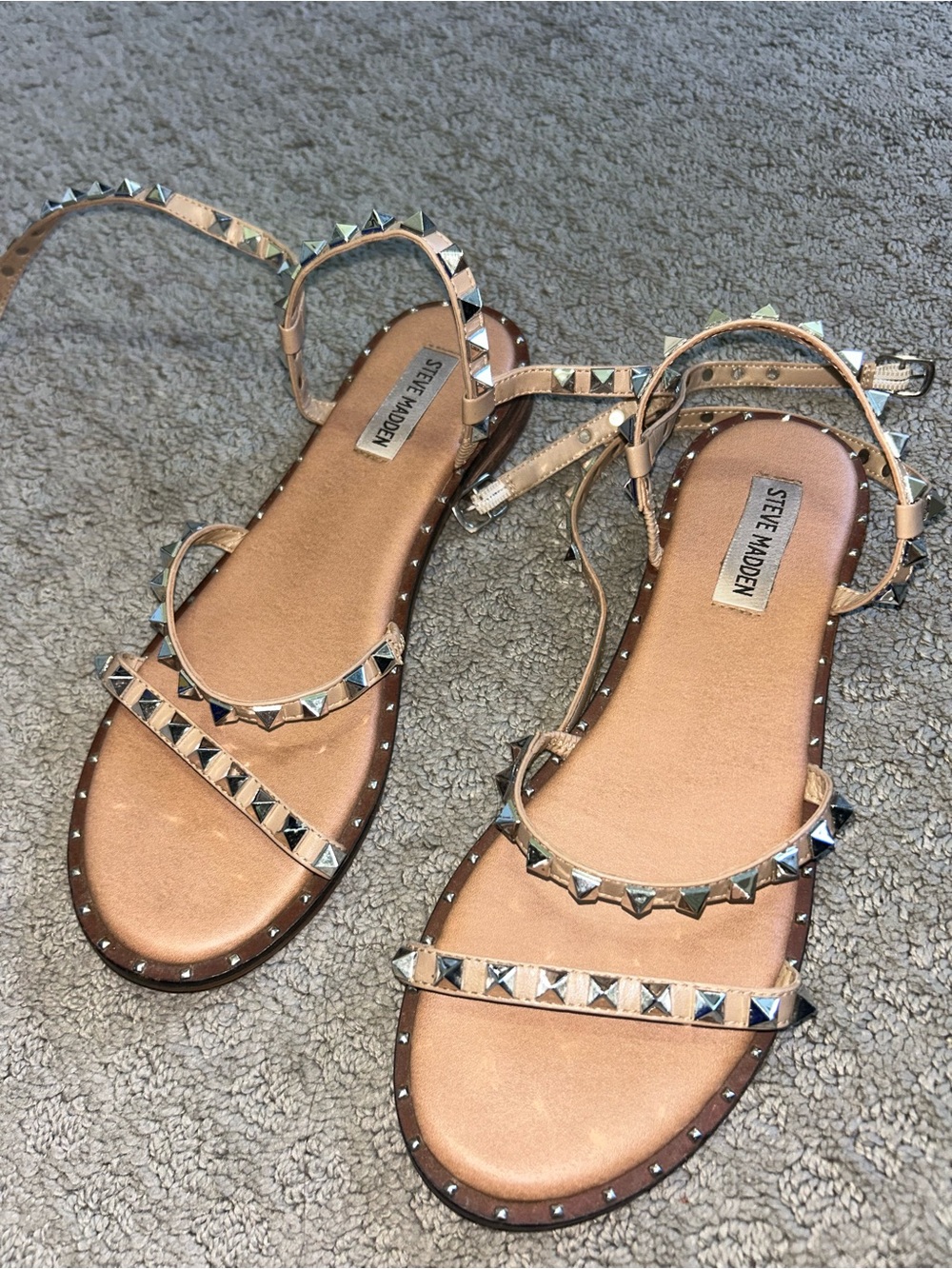 Steve Madden Metallic Rose Gold Pyramid-Stud Flat Sandals